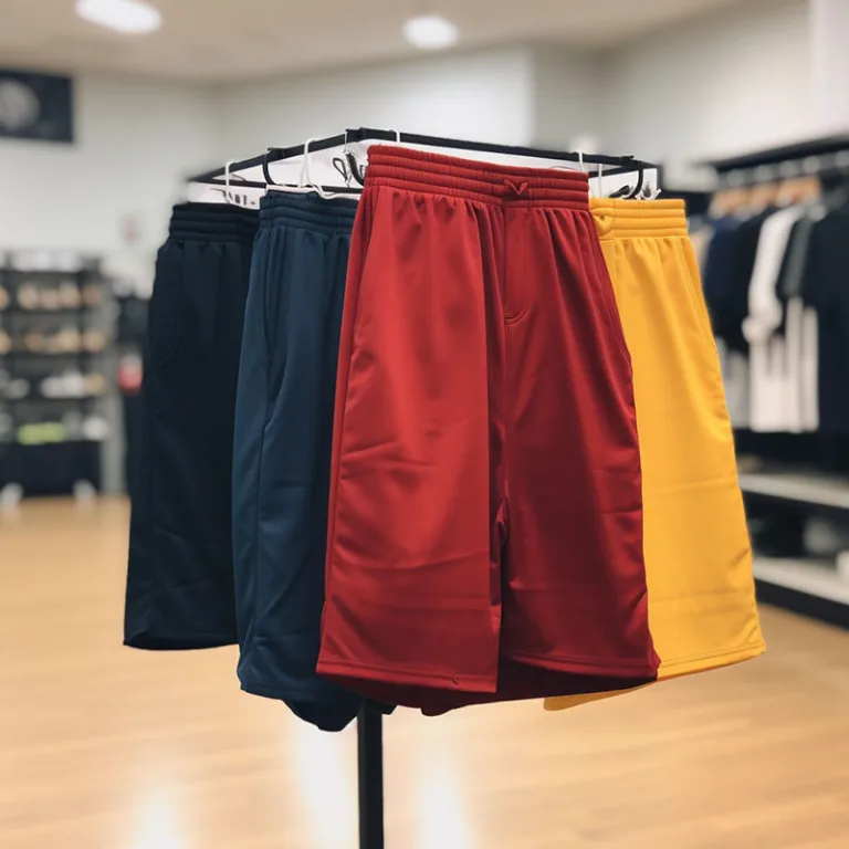 Assorted athletic shorts on display in store