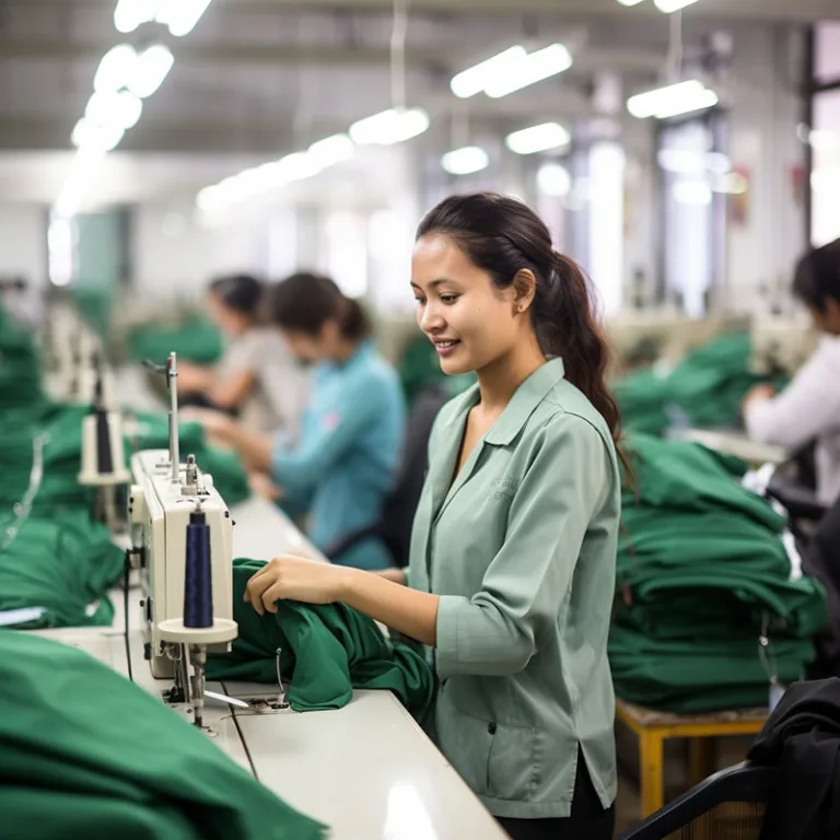 Woman working at textile factory sewing station.