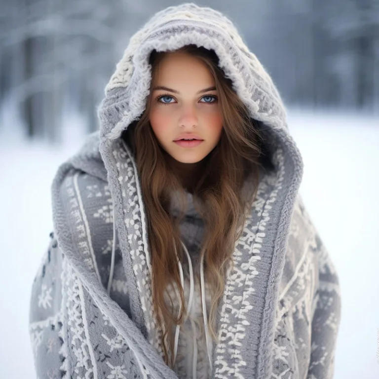 Woman in snowy forest wearing hooded winter sweater.