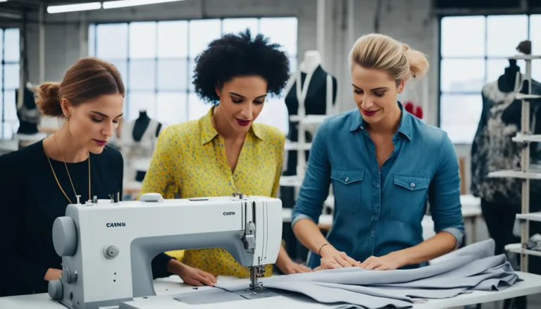 Three women working in a fashion design studio.