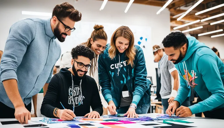 Team collaborating on creative project in modern office