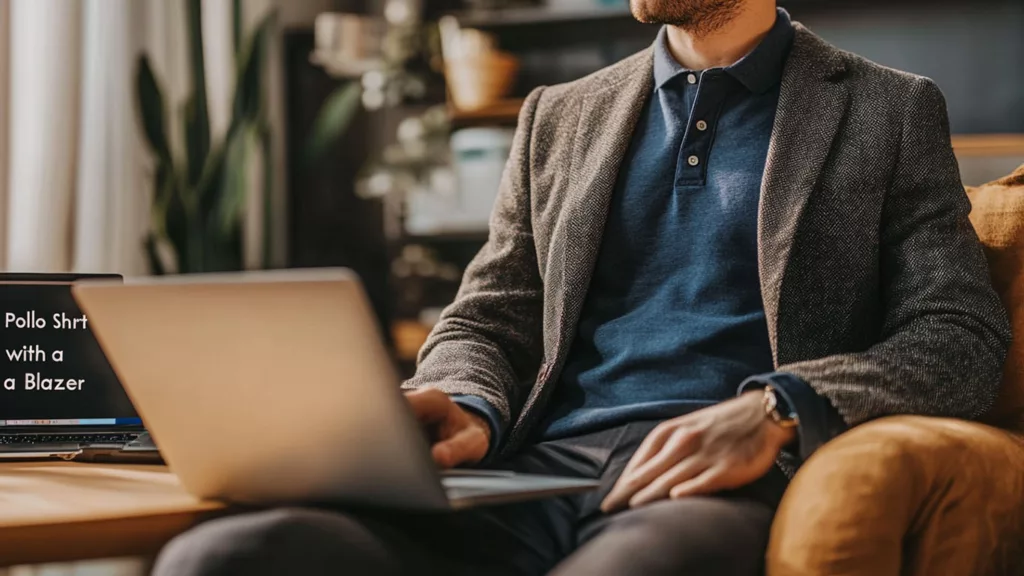 A polo shirt styled with a blazer for a business casual look