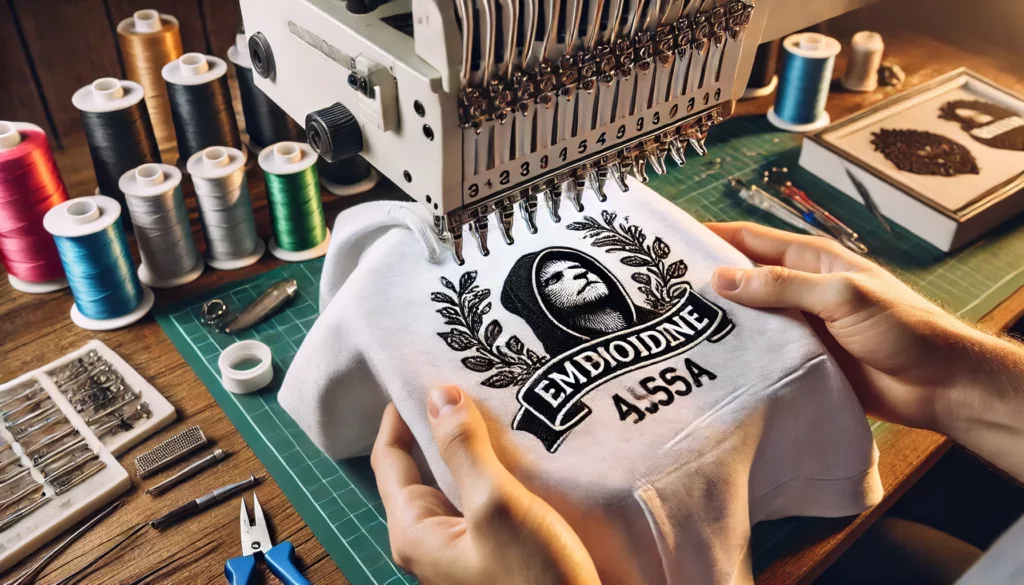 Screen printing and embroidery processes on custom hoodies.