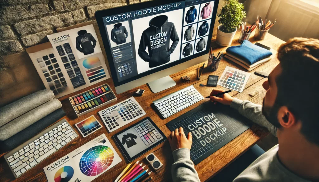 Designer creating a custom hoodie mockup on design software.