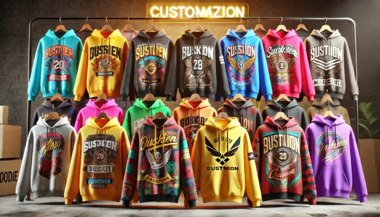 A collection of custom-designed hoodies in various colors and styles