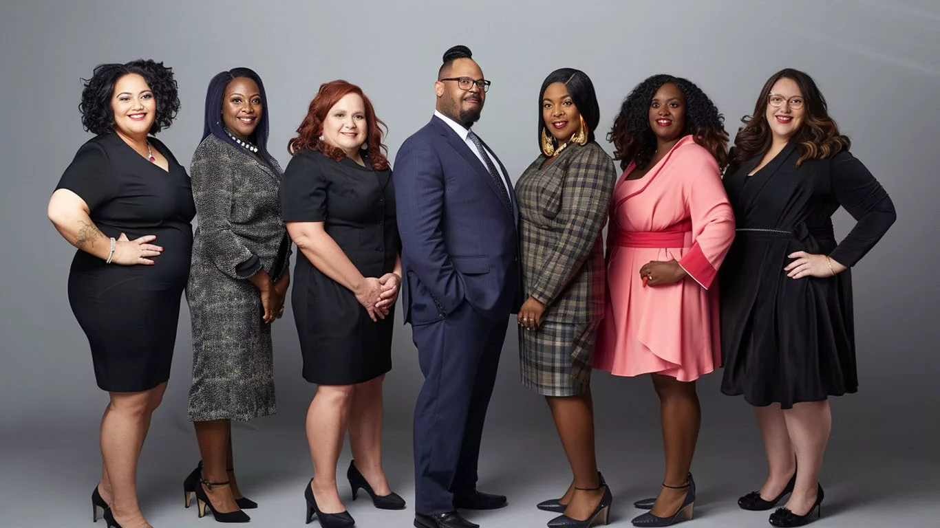 Diverse group wearing plus size professional clothing in a modern office