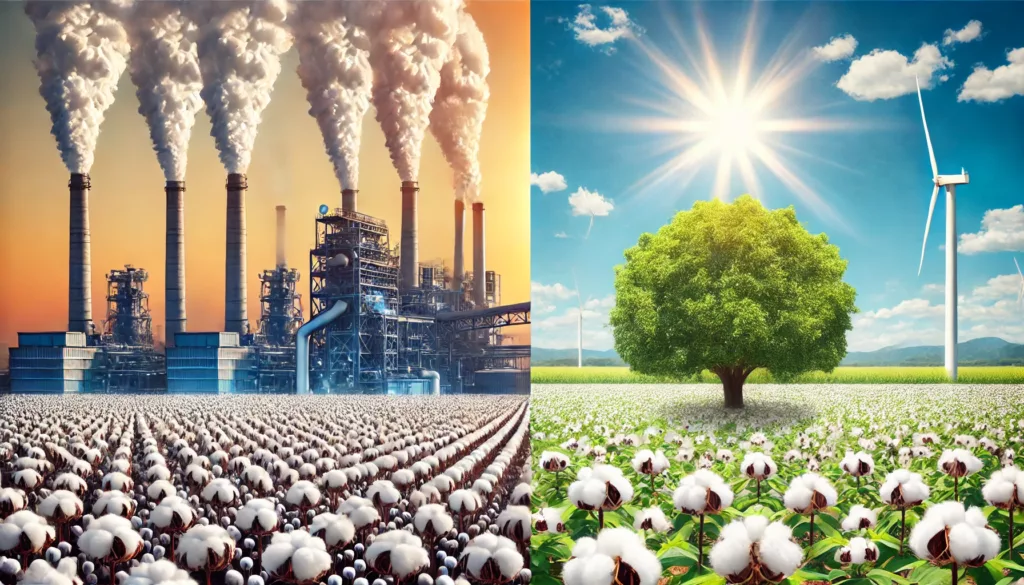 Cotton plant vs Nylon manufacturing, showing the environmental impact of each fabric