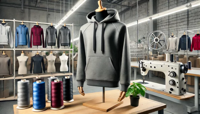 Finished hoodie displayed on a mannequin in a production setting.