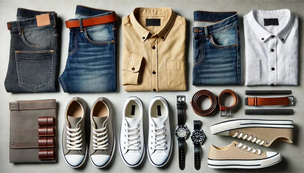 Essential men's casual clothing pieces including jeans, chinos, t-shirts, and sneakers