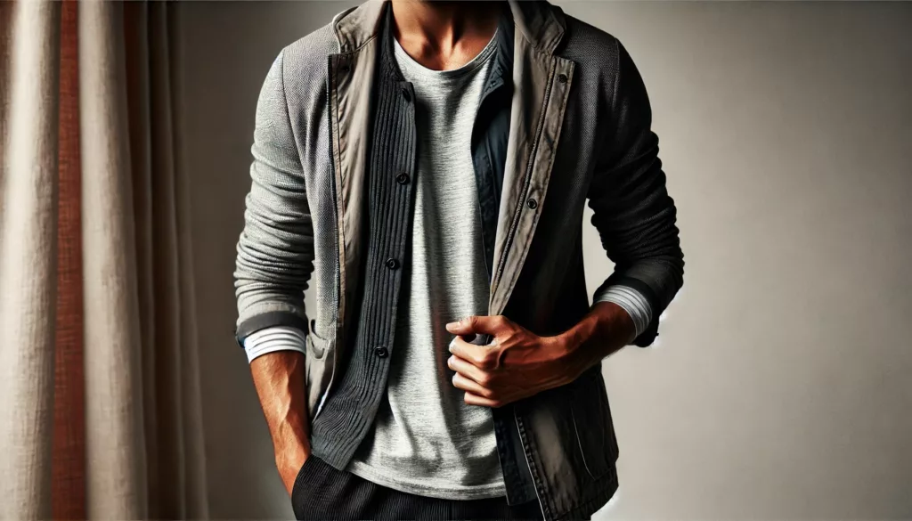 Men’s casual layering example with a hoodie and casual blazer for stylish comfort.