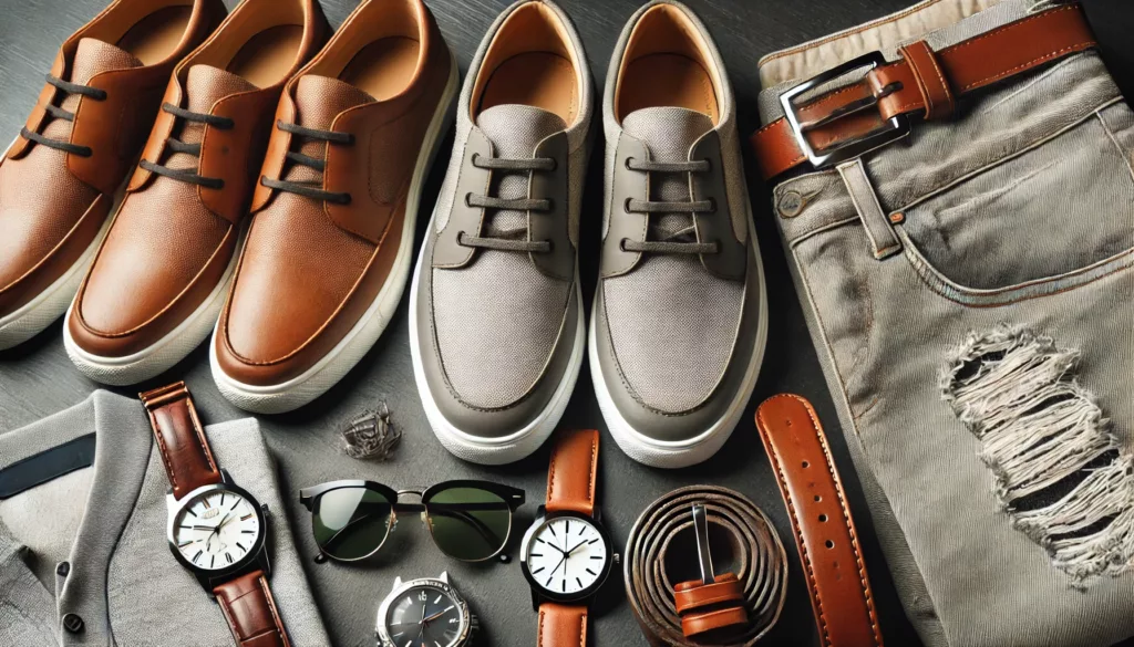 Stylish men’s casual shoes and accessories like wristwatches and belts for an elevated look