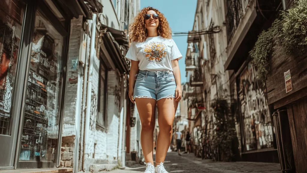 Woman styling denim plus size shorts with a graphic tee