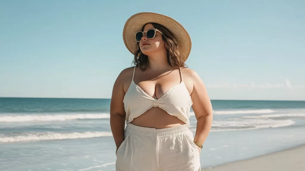 Woman wearing linen plus size shorts at the beach