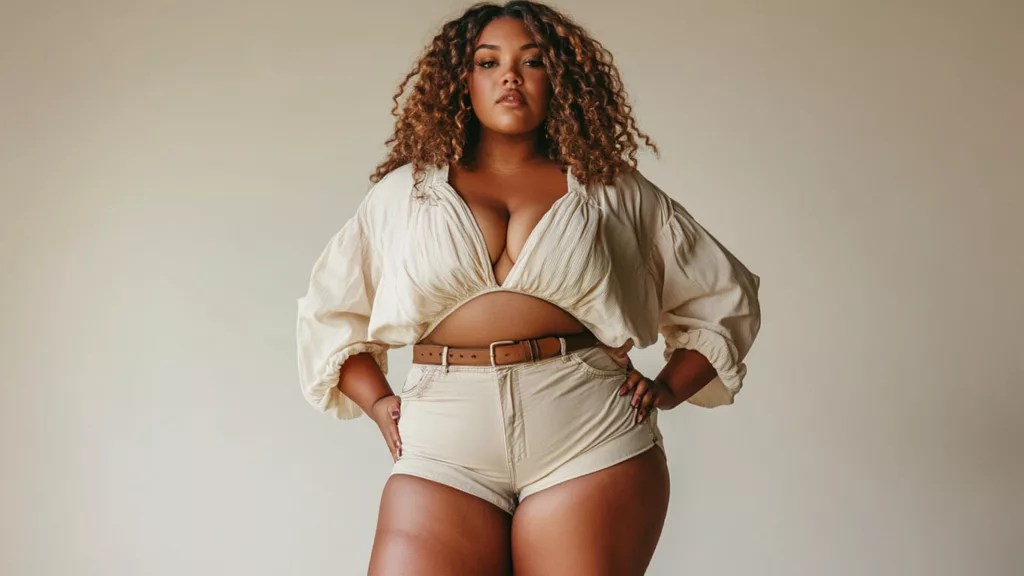 High-waisted plus size shorts styled with a blouse