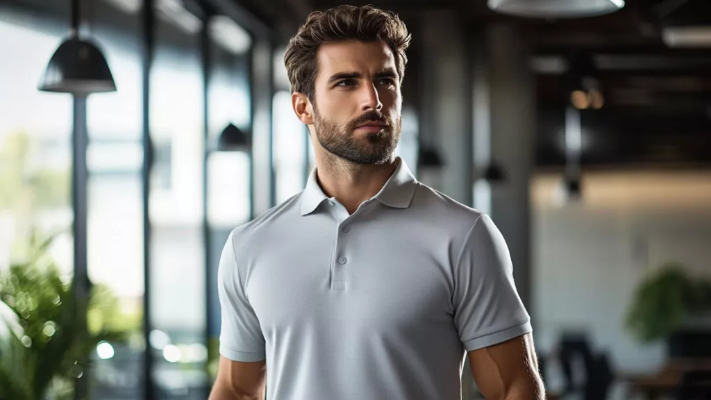 Professional look with a business casual polo shirt in an office