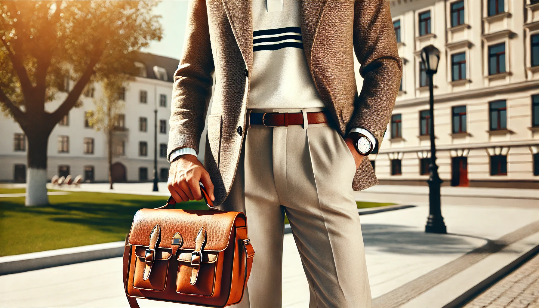 A stylish person dressed in preppy clothing (polo shirt, blazer, chinos, loafers).