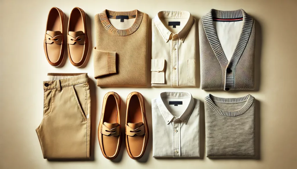 A flat lay of preppy clothing items such as polo shirts, chinos, loafers, cardigans, and button-down shirts.