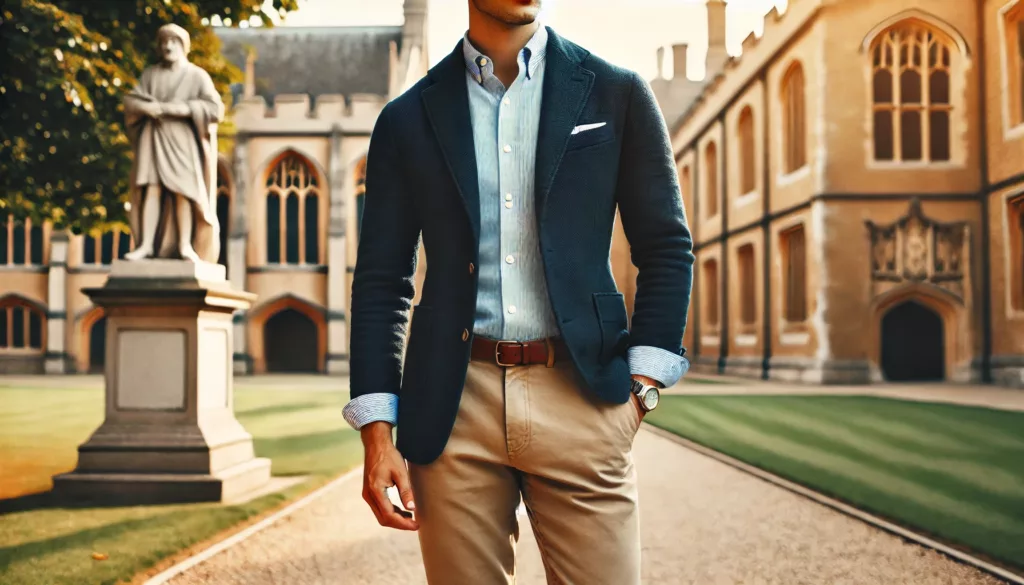 A man wearing a classic preppy look with a navy blazer, button-down shirt, chinos, and loafers.