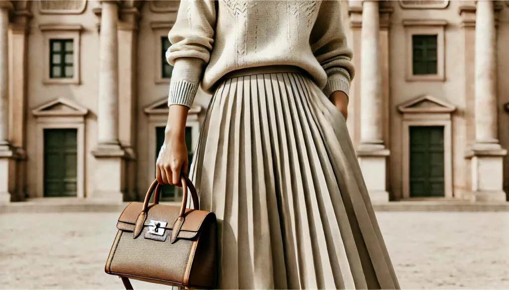 A woman in a pleated skirt, fitted sweater, loafers, and handbag.