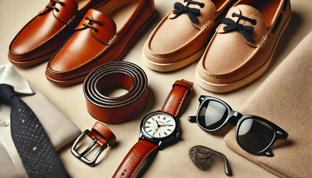 A close-up shot of preppy accessories, including a leather belt, watch, loafers, and sunglasses.