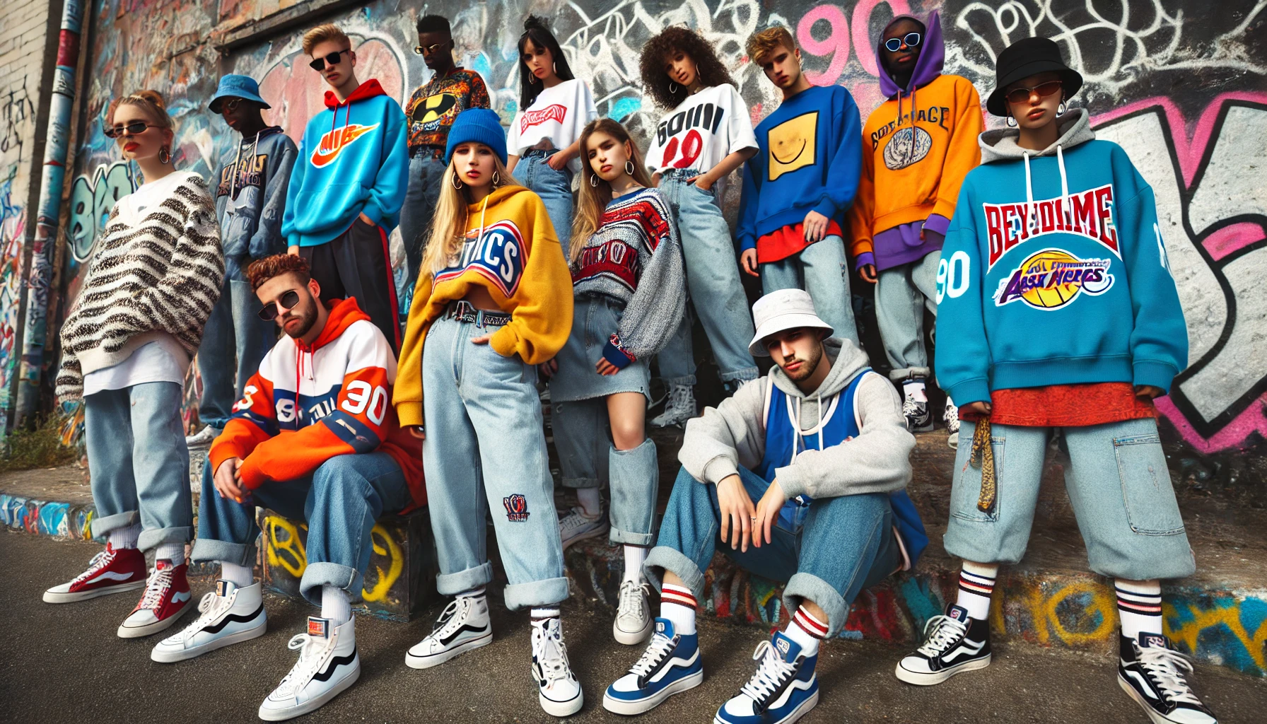 Iconic 90s streetwear outfits styled against a graffiti-filled urban backdrop.