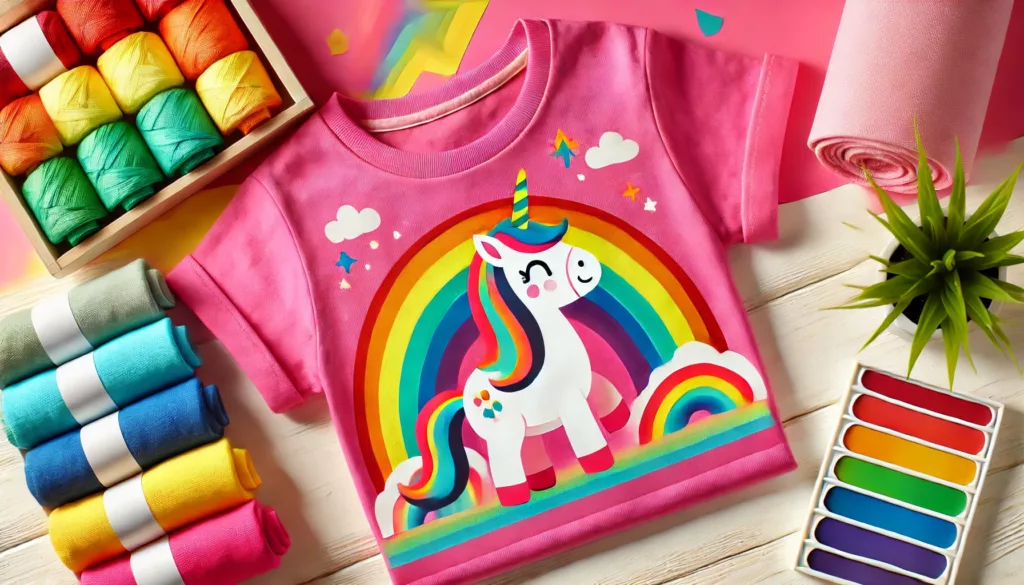 A close-up of a colorful printed T-shirt with a fun unicorn design for kids.