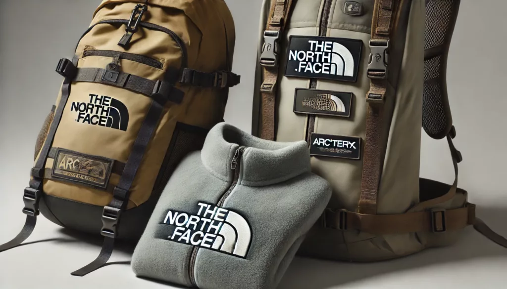 A close up of logos and items from popular hiking streetwear