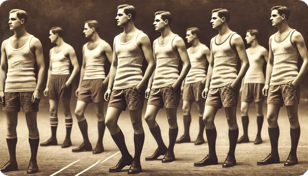 Athletes from the 1920s wearing early tank tops during sporting activities.