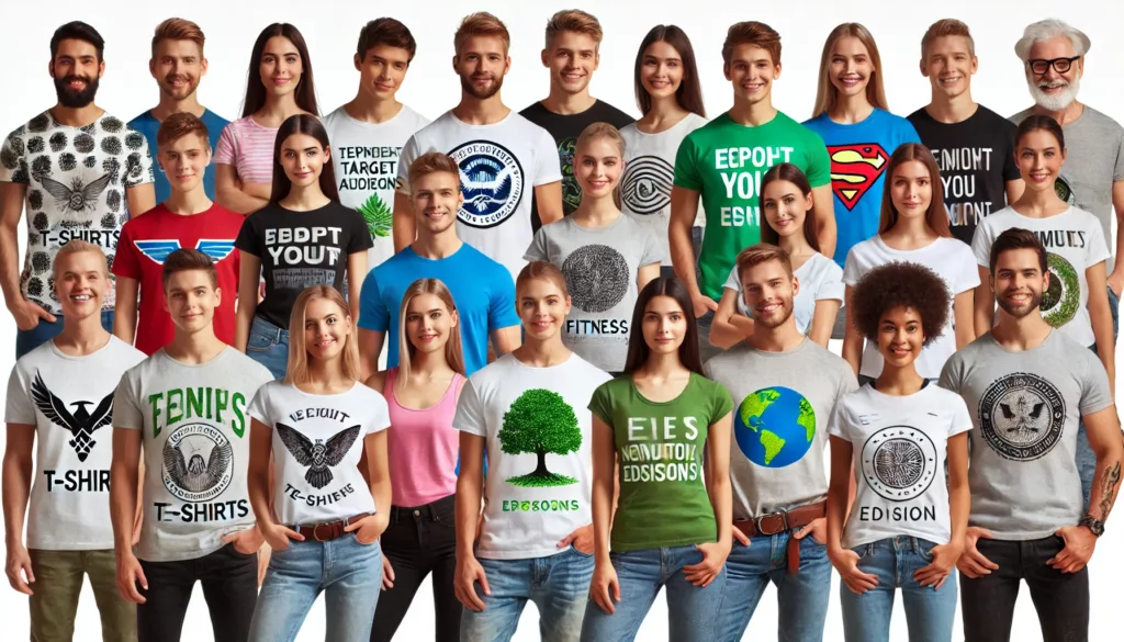 Diverse people wearing different T-shirt designs representing various target audiences.