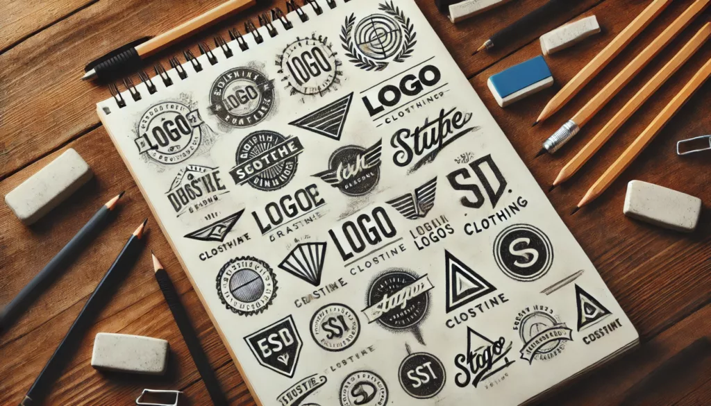 Brainstorming Logo Ideas for a Clothing Brand – Rough sketches and tools.