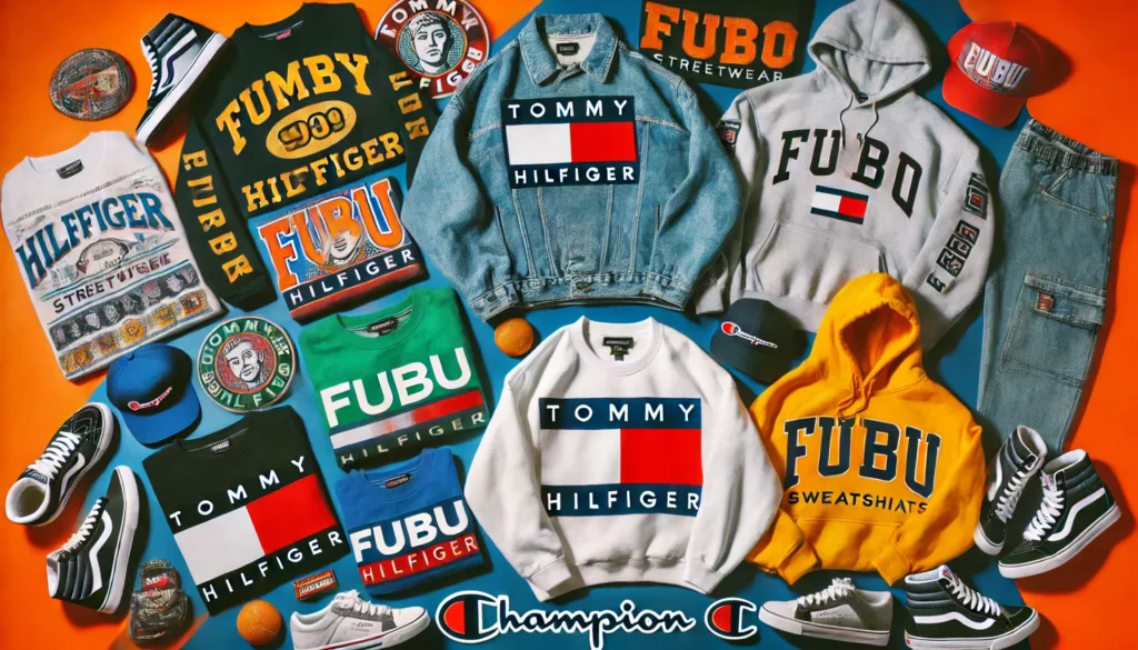 90s streetwear brand essentials featuring FUBU, Tommy Hilfiger, and Champion.