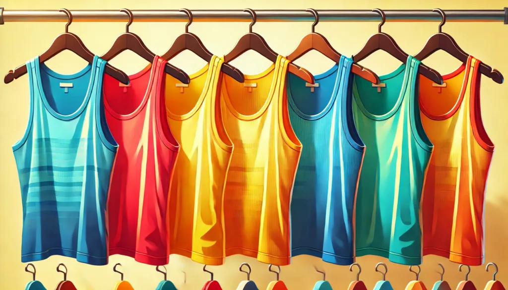 Tank tops in red, yellow, and blue displayed to emphasize bold color options for a vibrant wardrobe