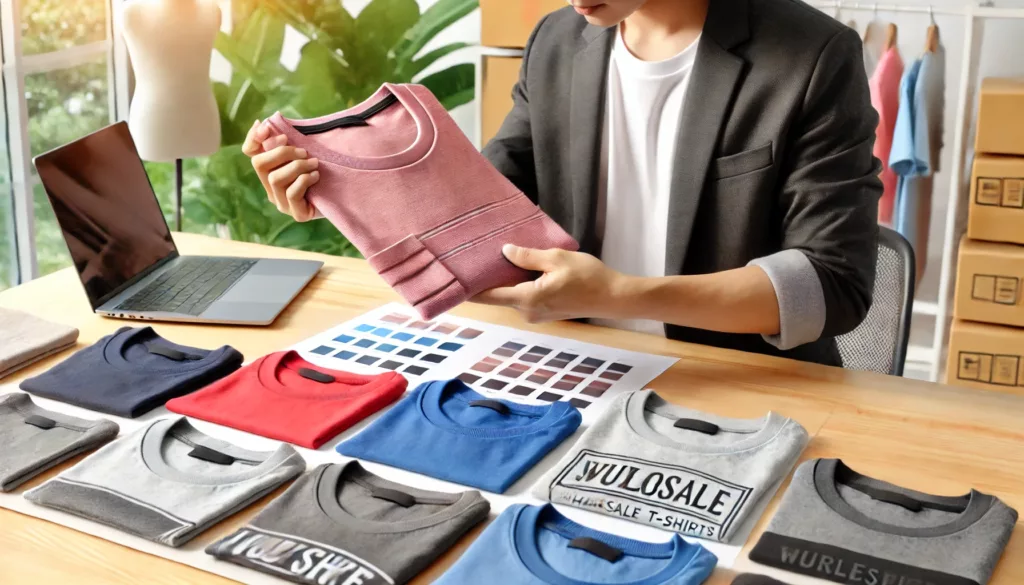 A business owner inspecting t-shirt samples for quality.