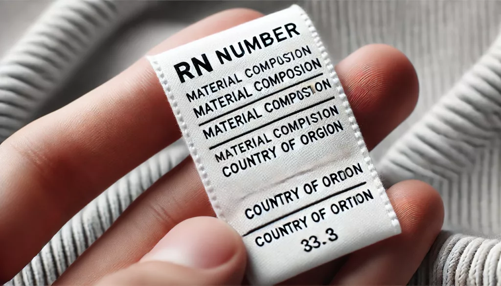 A close-up of a clothing label displaying an RN number