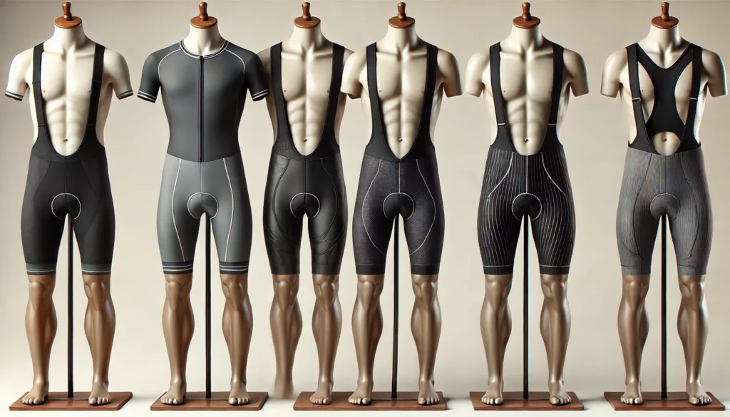 Comparison of different cycling shorts: regular, bib, and long-distance styles