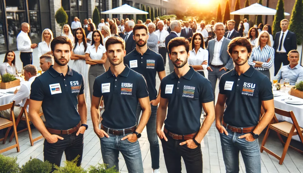 A group of employees at a corporate event wearing custom polo shirts with company logos.