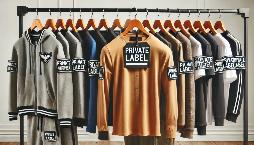 A collection of custom-labeled apparel produced by private label clothing manufacturers.