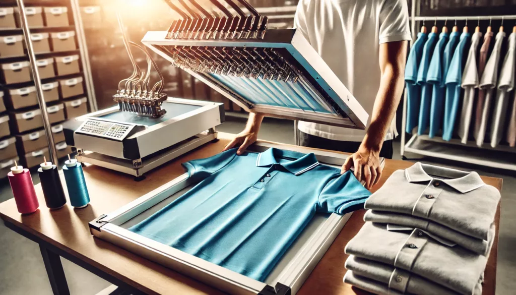 A workspace where polo shirts are being customized with screen printing or embroidery.