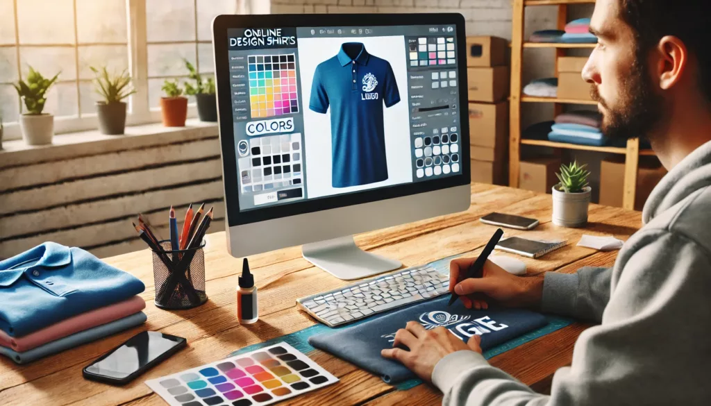 A person designing custom polo shirts using an online design tool on a computer screen.