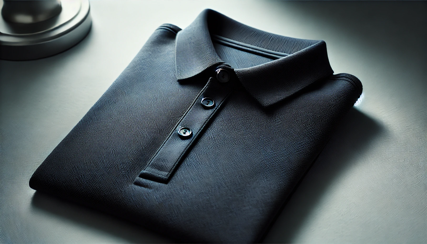 A neatly displayed classic polo shirt in a solid navy color, showcasing premium details like the collar, buttons, and fabric texture.