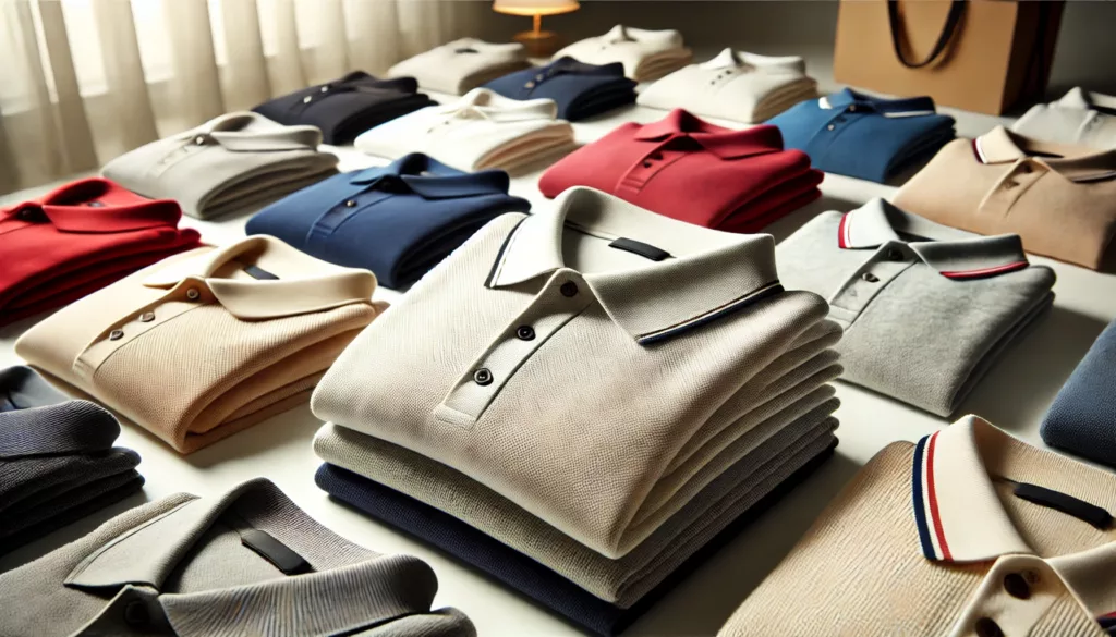 A close-up of various polo shirts in different fabrics and textures, folded neatly and presented in a variety of colors.