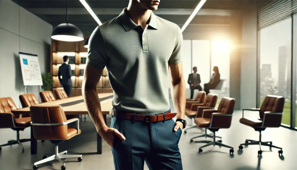 A business-casual scene featuring a person in a tailored polo shirt tucked into trousers, set in an office environment.