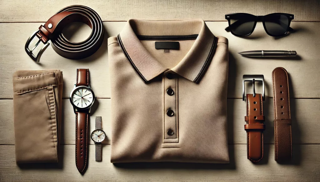 A flat lay of a premium polo shirt alongside accessories such as a leather belt, watch, and sunglasses, highlighting craftsmanship and style.