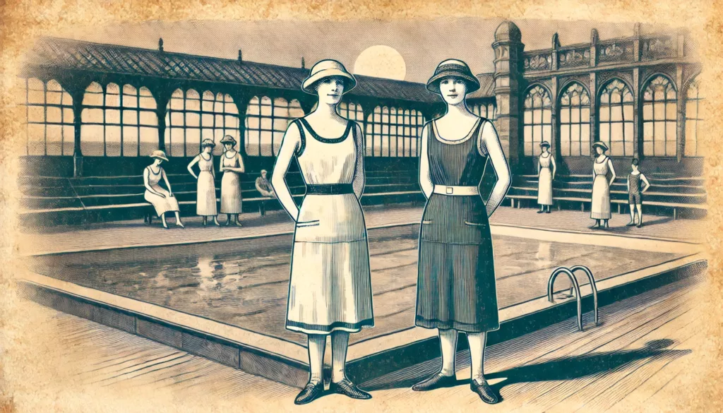 Women wearing vintage tank suits near a swimming tank, showcasing early tank top origins.