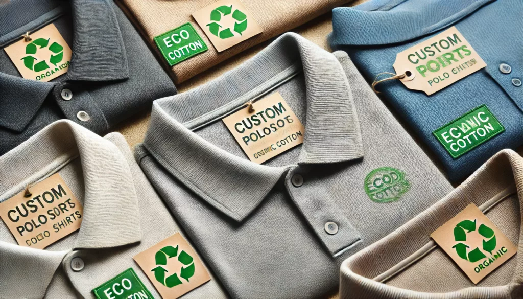 A collection of eco-friendly custom polo shirts made from sustainable materials like organic cotton or recycled fabric.