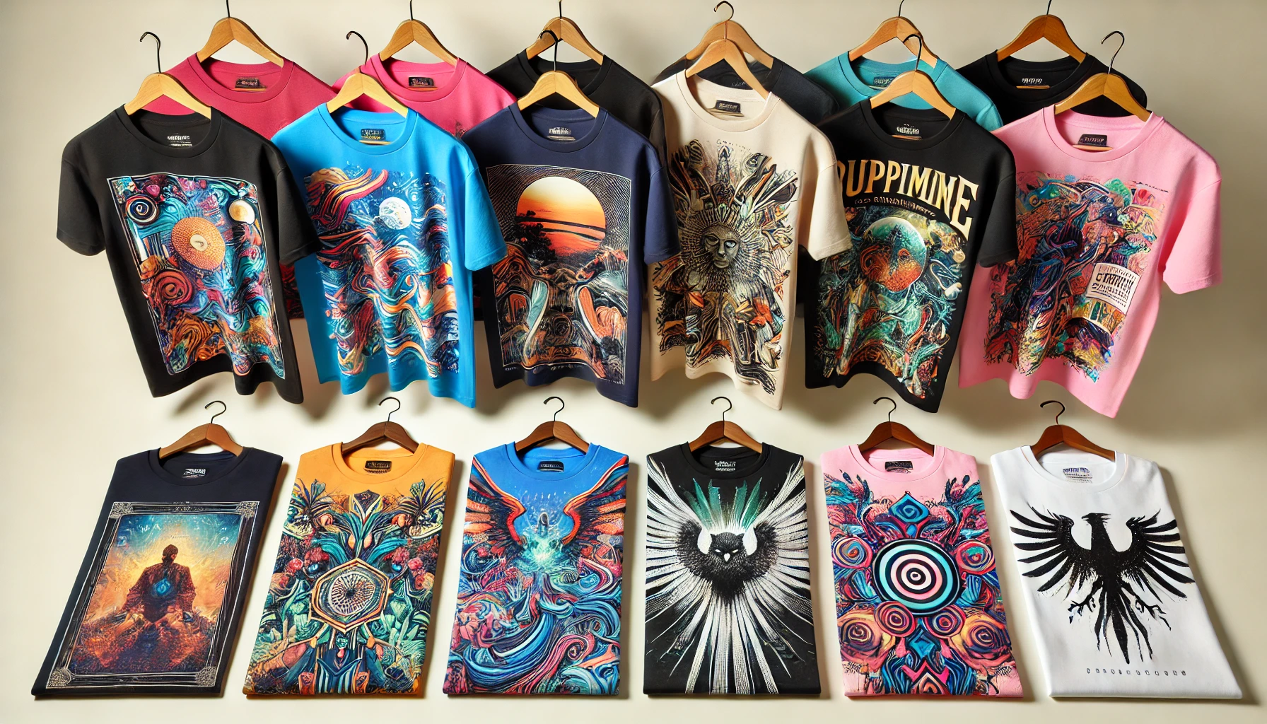 Collection of custom-designed t-shirts ready to be sold online.