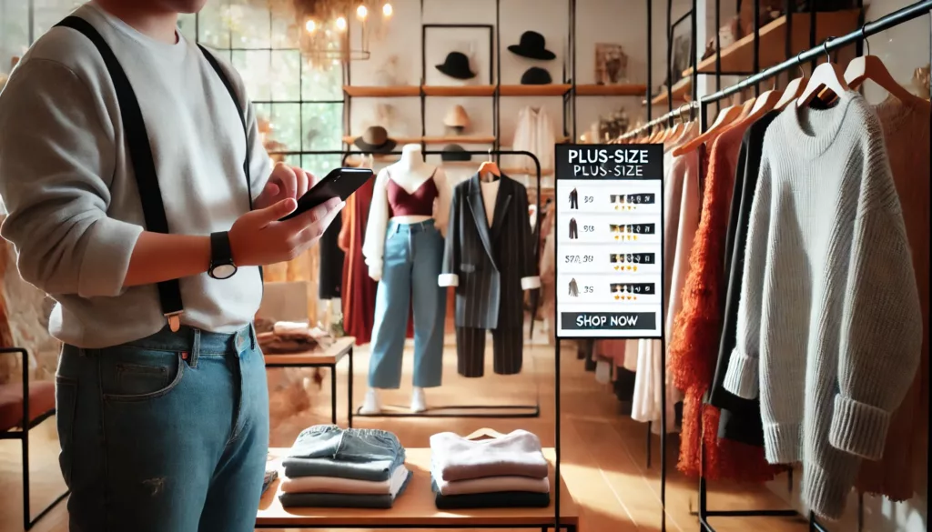 A person shopping for stylish plus-size clothing, browsing through options on a store rack or online