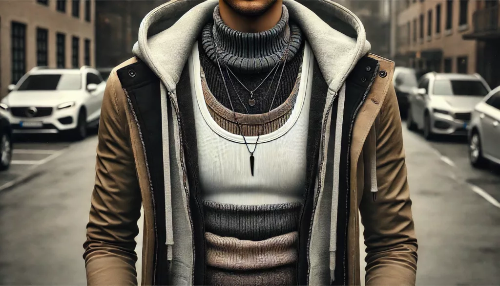 A stylish layering combination of a tank top under a jacket or a T-shirt with a hoodie.