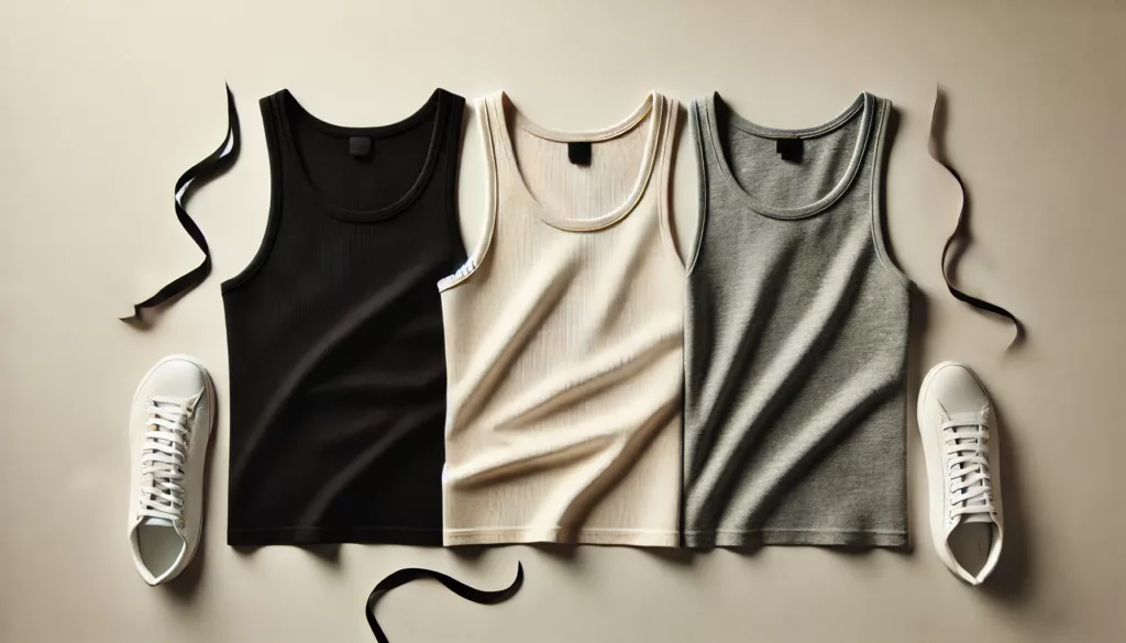 Black, white, and gray tank tops arranged on a minimalist background, showcasing classic neutral options.