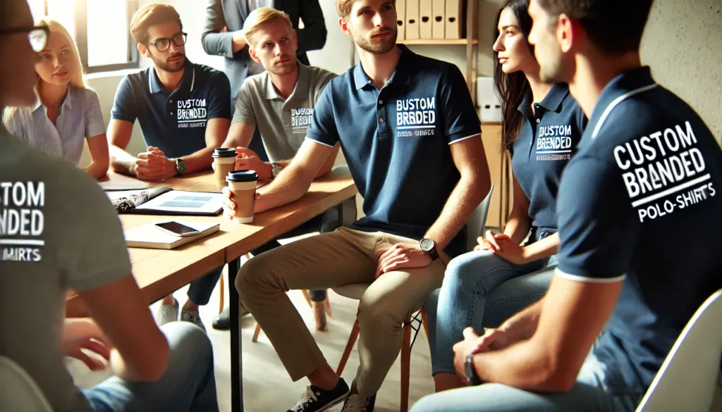 A group of professionals wearing custom-branded Polo Shirt Manufacturers in Australia, highlighting the branded apparel.